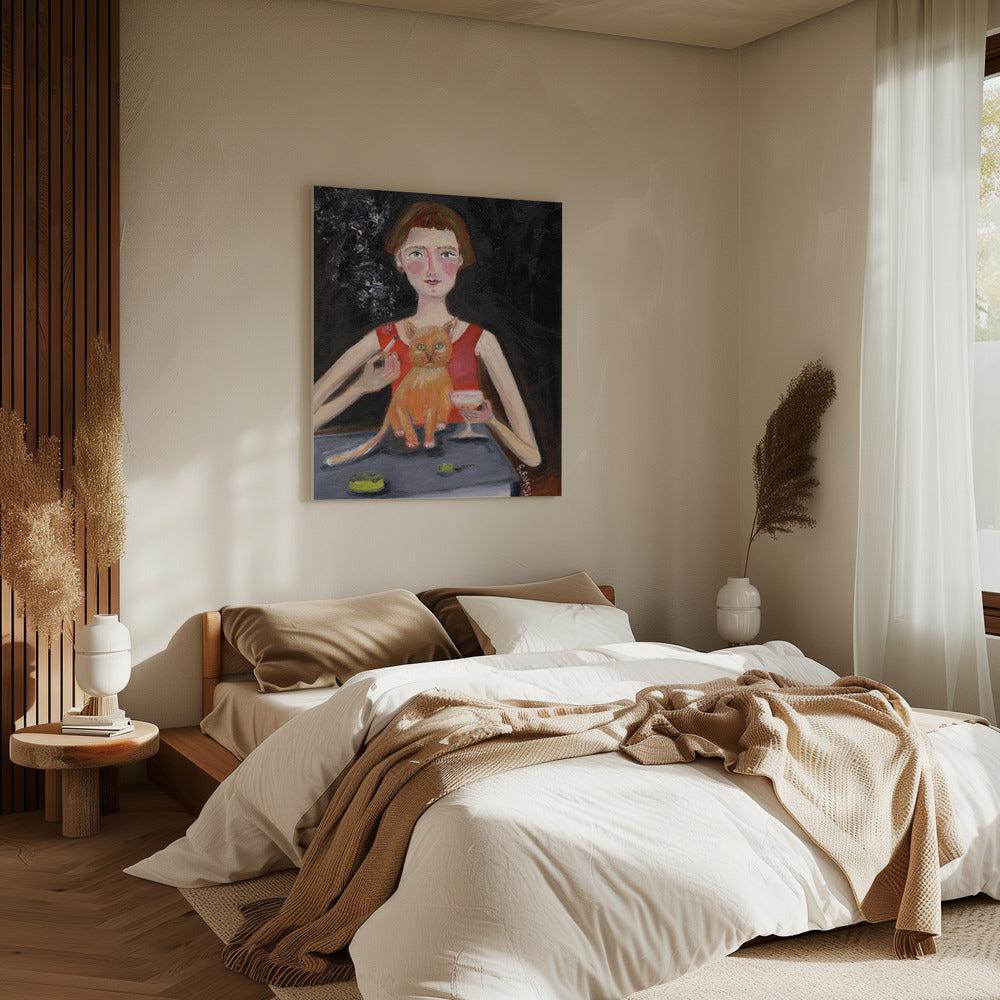 Vintage vrouw met cocktail en kat | Canvas