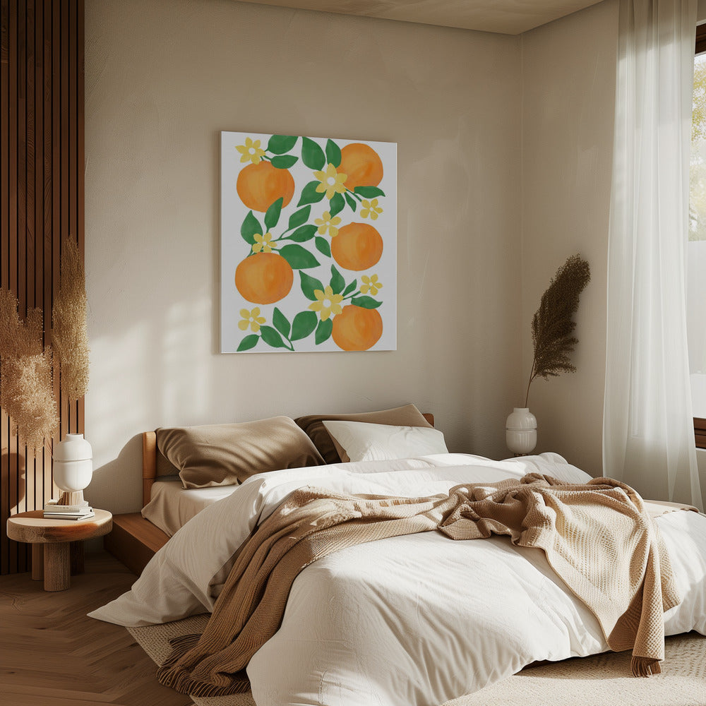 Sinaasappels met groene bladeren en delicate gele bloemen | Canvas