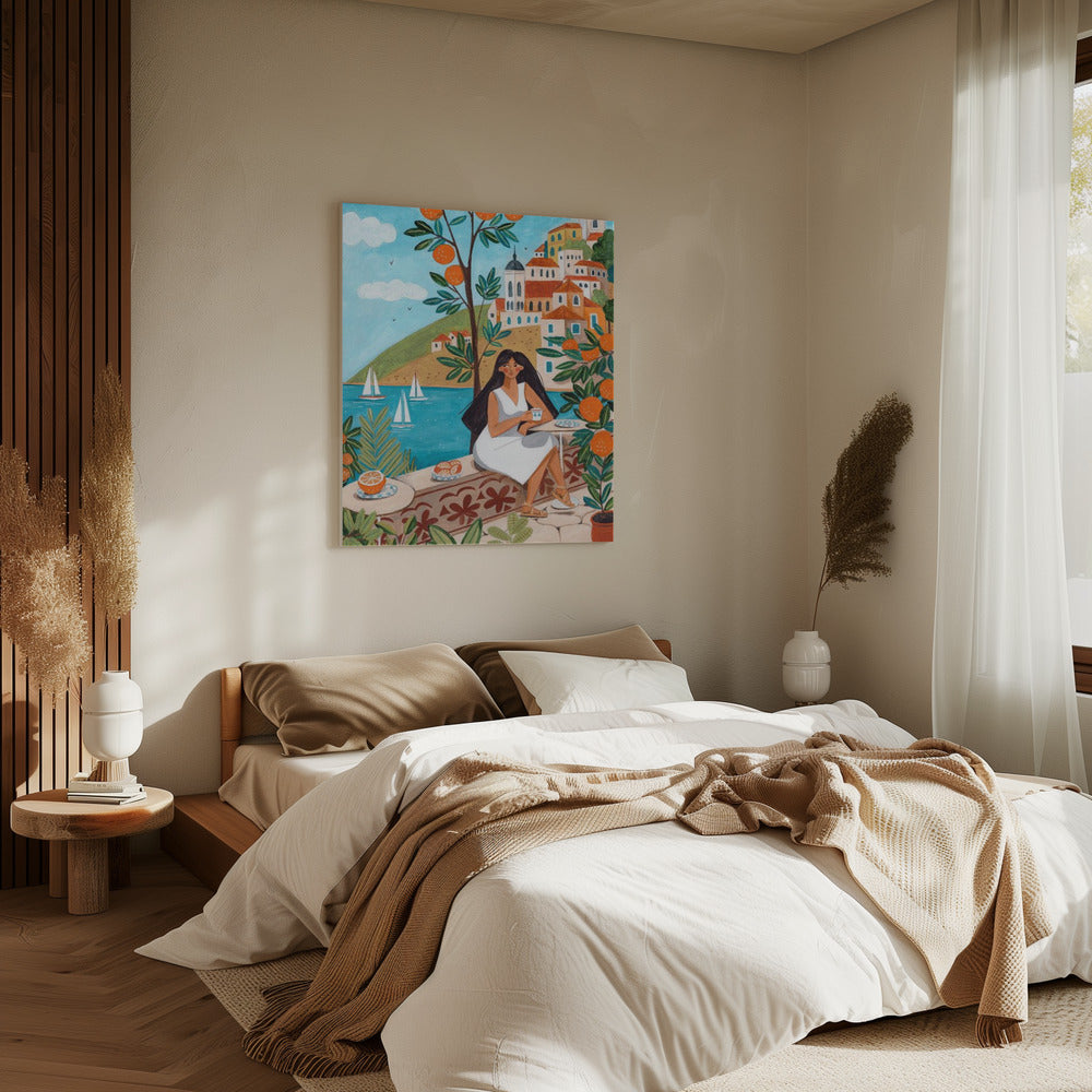 Travel poster woman in Mediterranean coast | Canvas