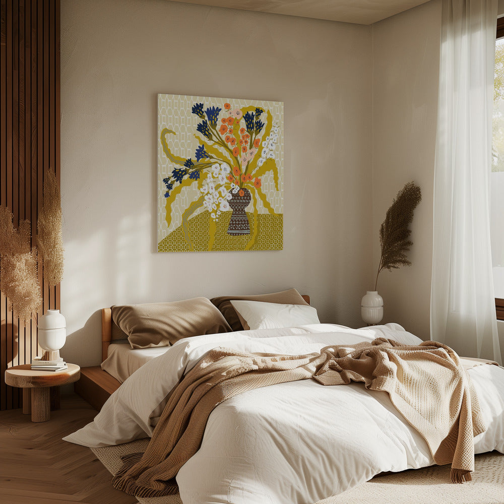 Bloemig hedendaags stilleven mosterdgeel | Canvas