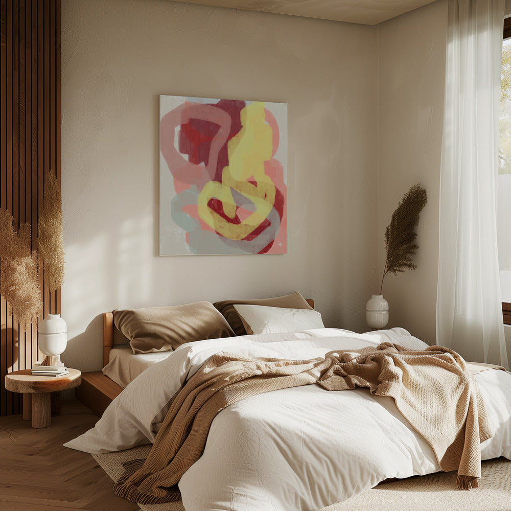 Abstract schilderij in pastel. Geel, rood en grijs. | Canvas