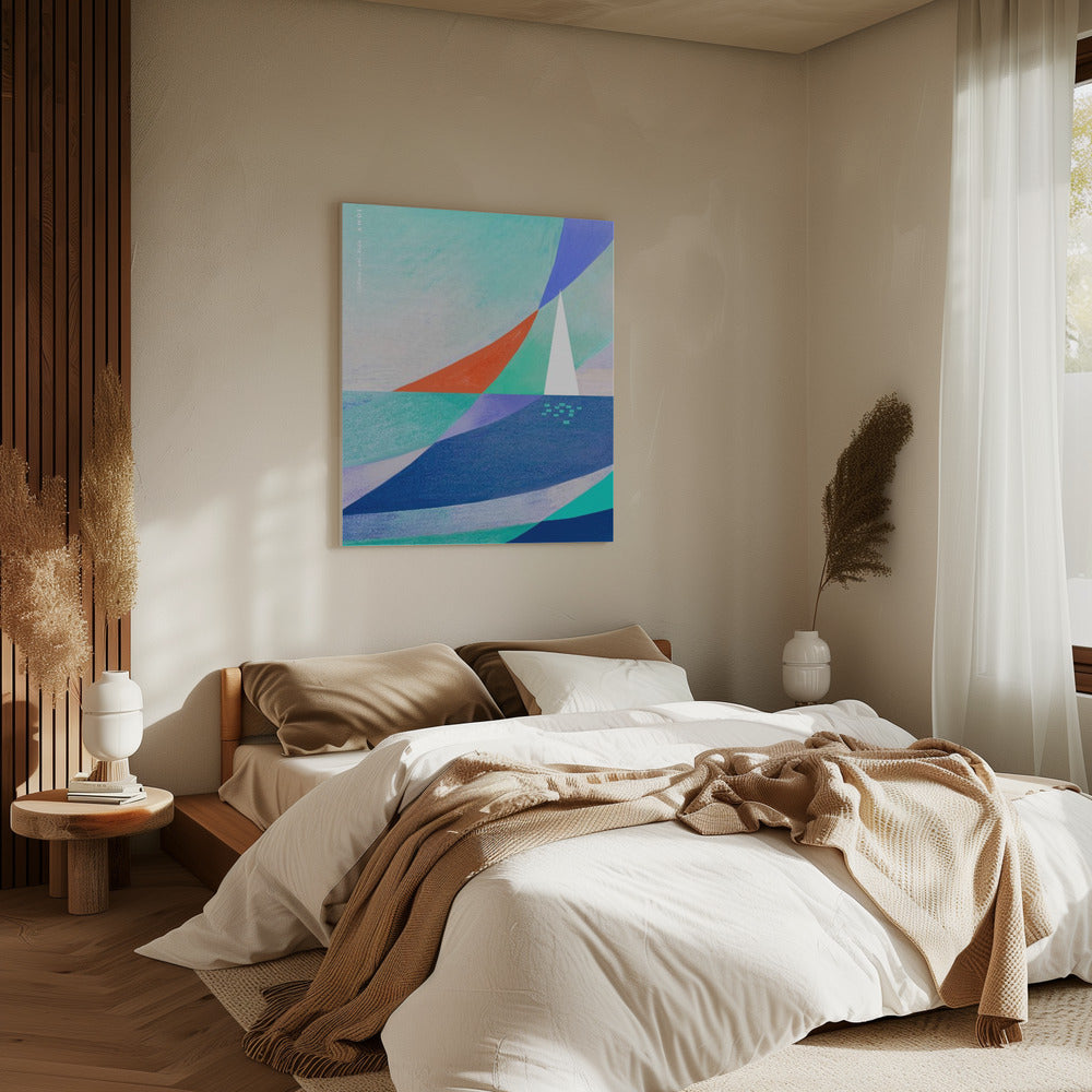 Abstracte oceaankunst met minimalistische witte zeilboot op zee | Canvas
