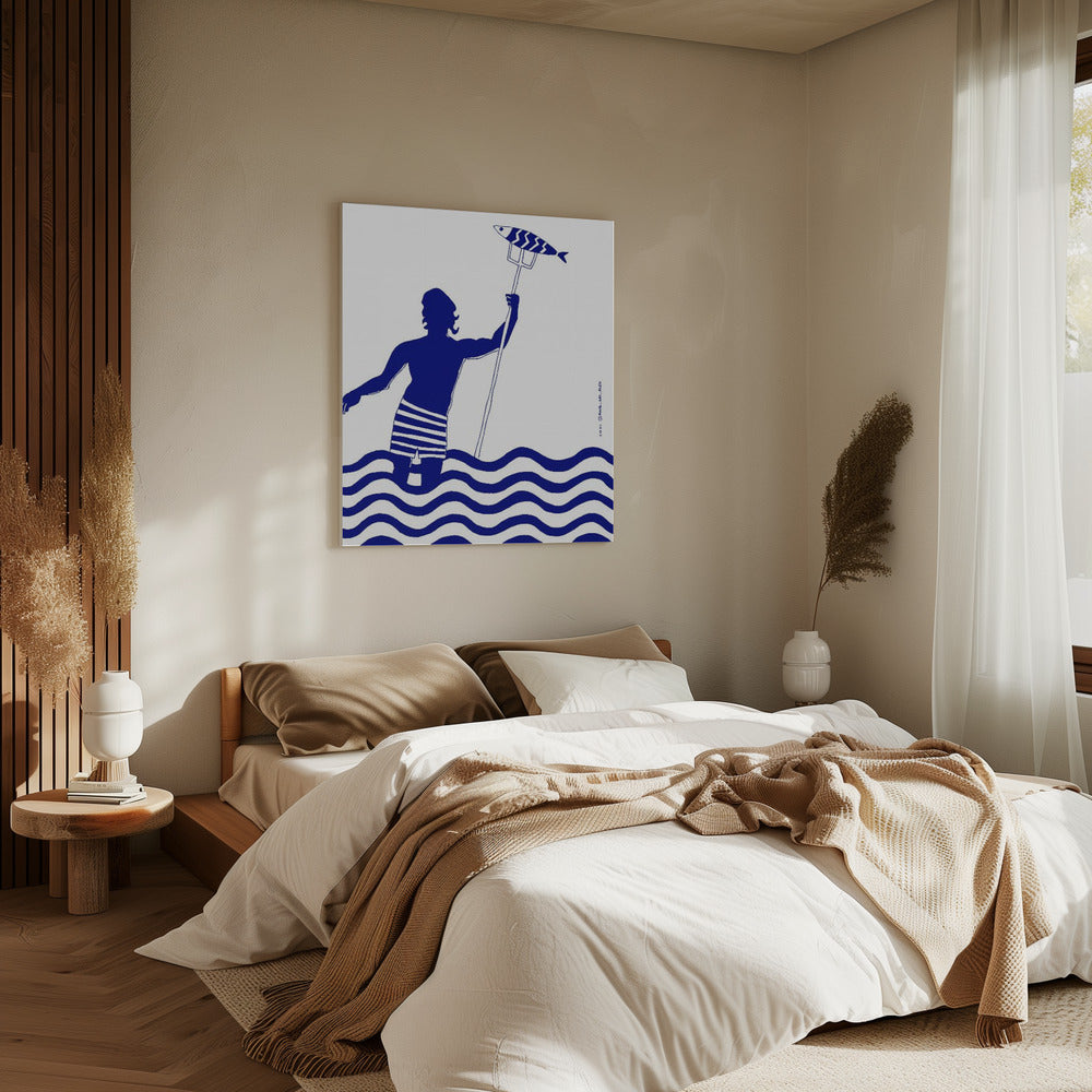 Modern Greek God Poseidon, Nautical Beach Art Print With Man Fishing In The Sea | Canvas