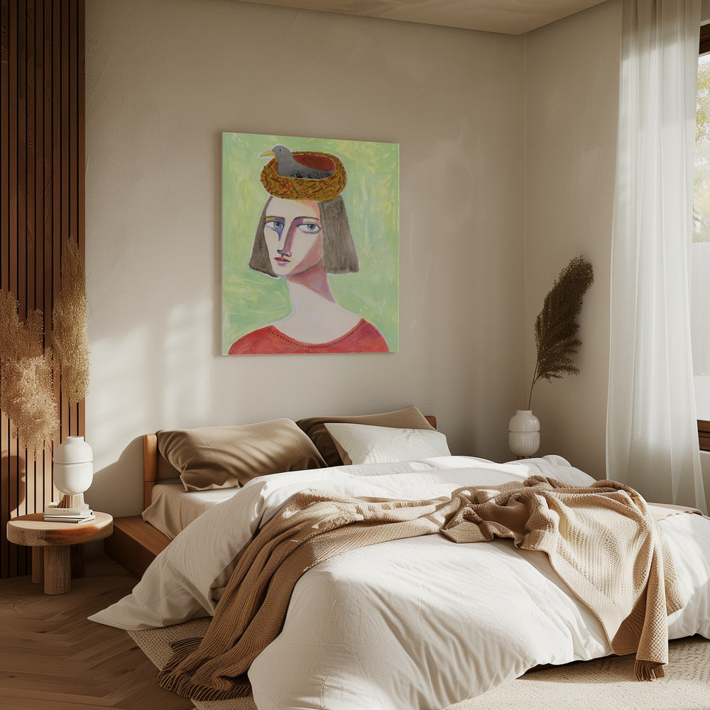 Vogelliefhebber met vogelnest op hoofd | Canvas