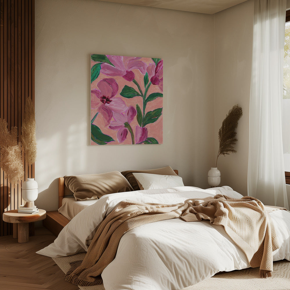 Roze bloemen met opvallende groene bladeren | Canvas