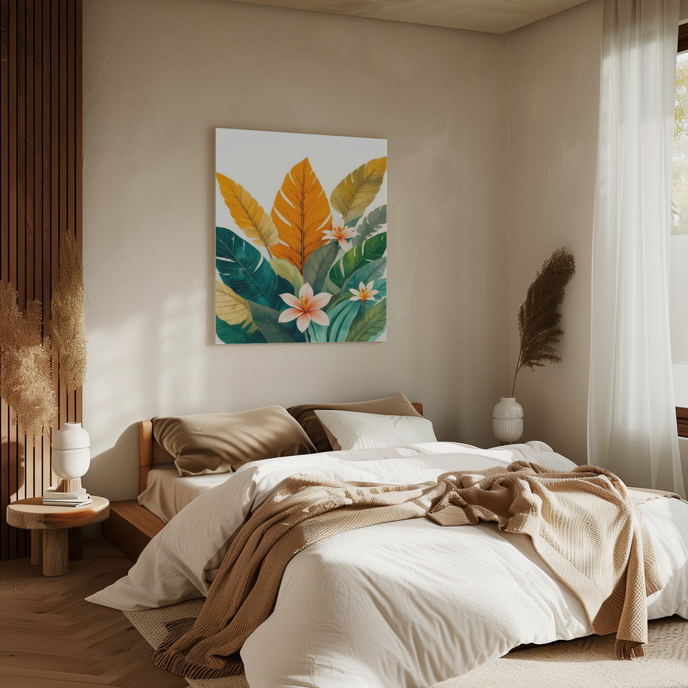 Tropische bladeren en delicate bloemen | Canvas