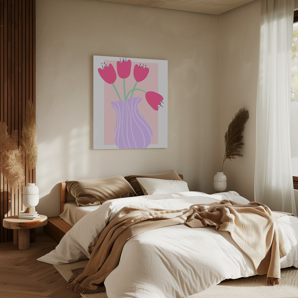 Levendige tulpen in een gestreepte lavendelvaas | Canvas