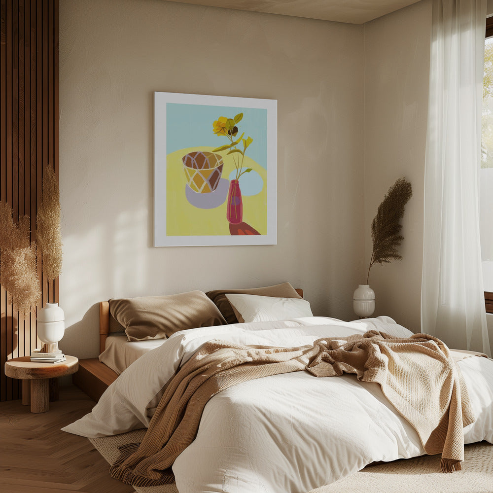 Gele bloemen in een rode pot | Canvas