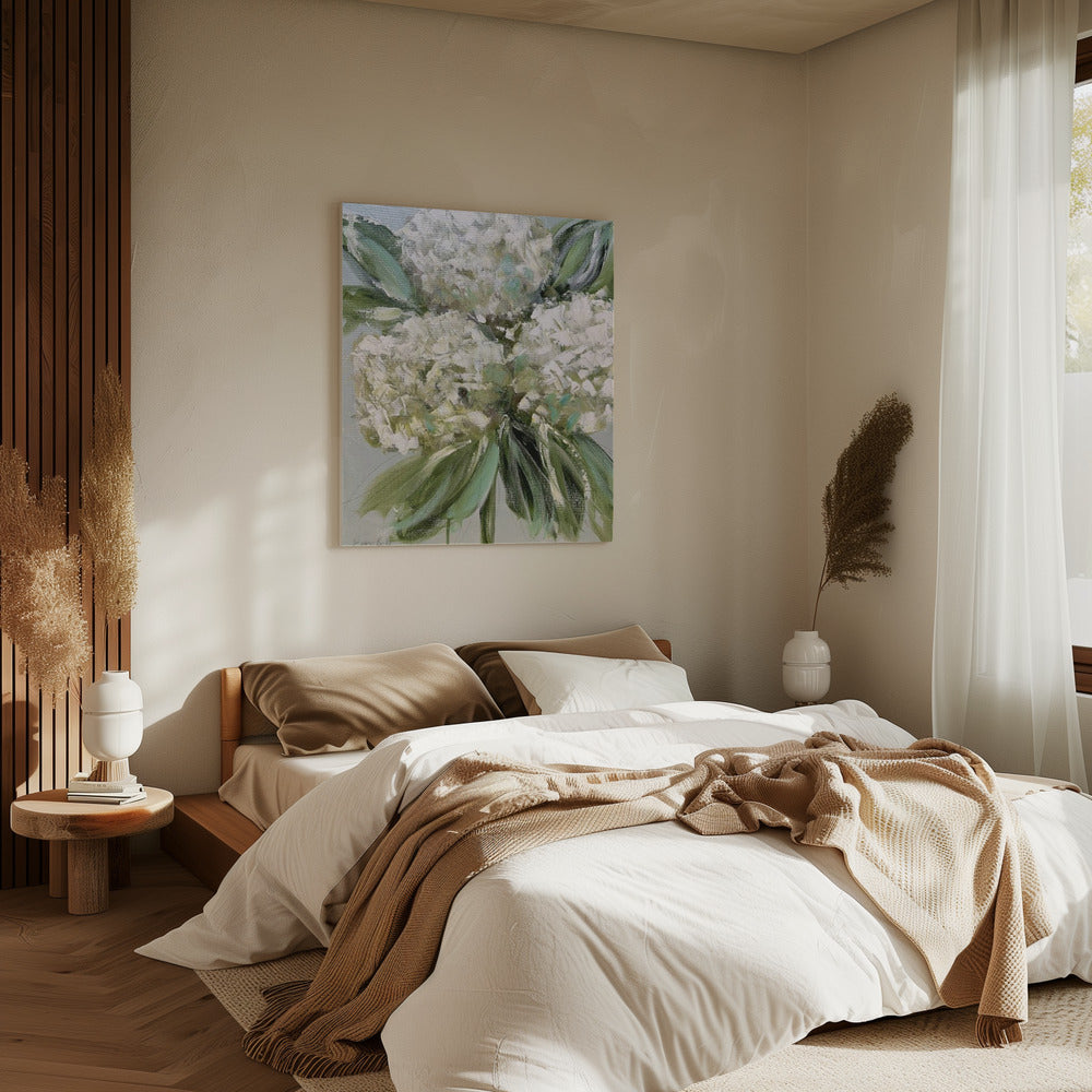 Witte hortensia's met weelderige groene bladeren | Canvas