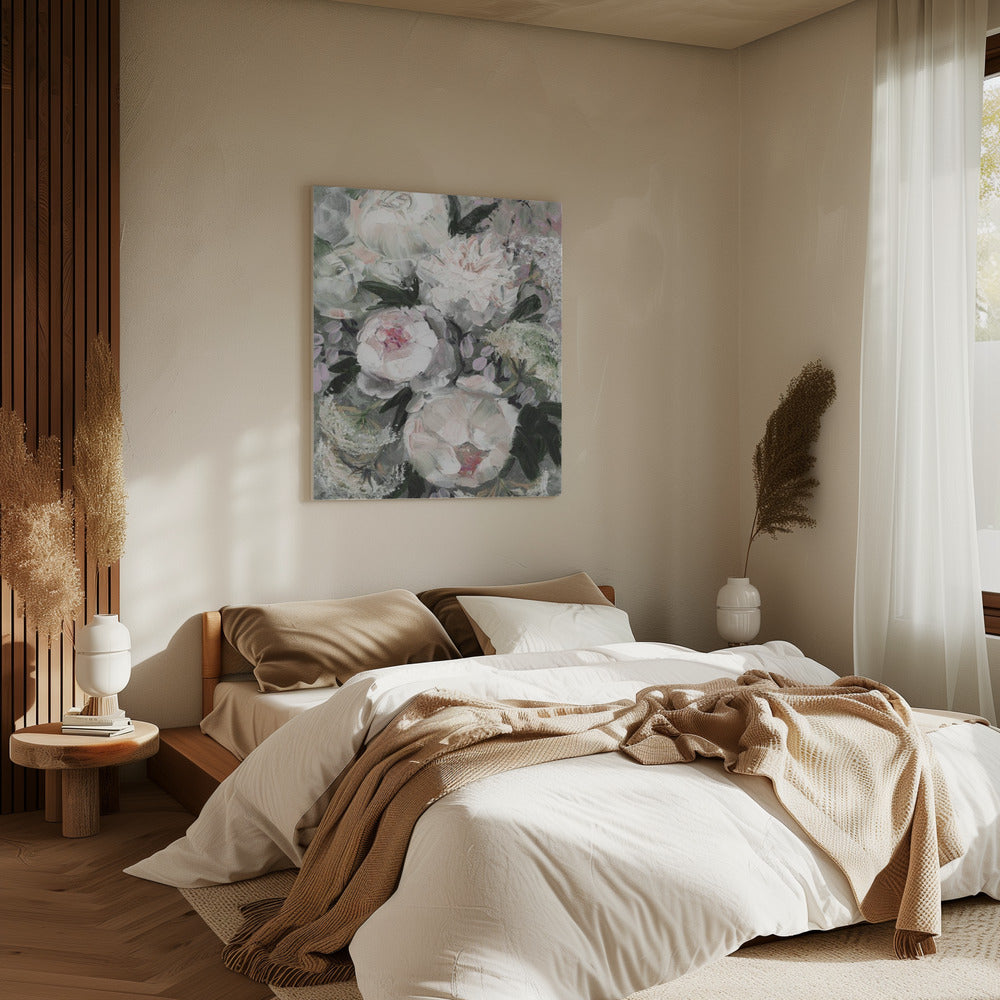 Bloemencompositie met witte en roze bloemen | Canvas