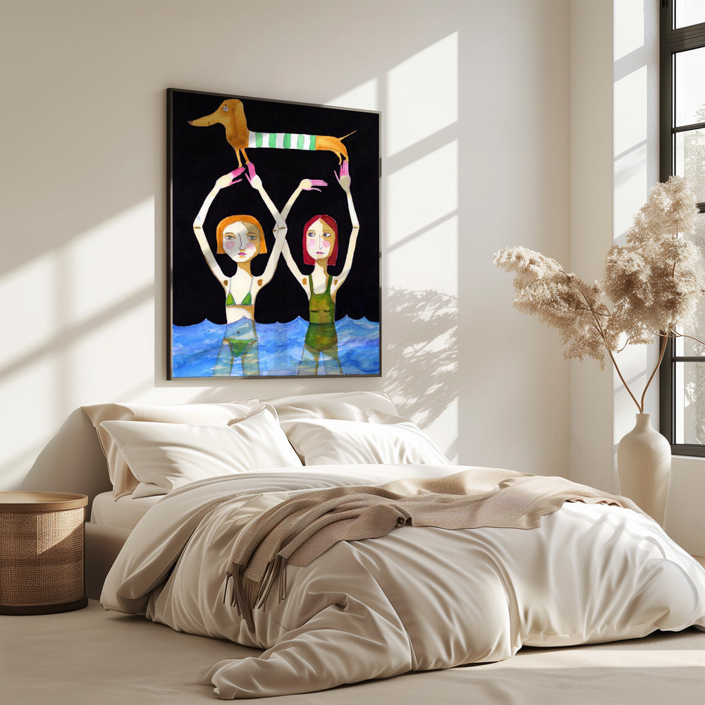 Zwemmende meisjes met teckel | Poster
