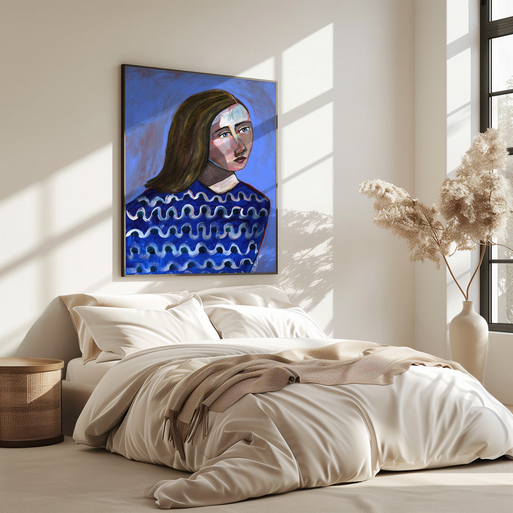 Vrouw in blauwe trui Naïef portret figuratief | Poster