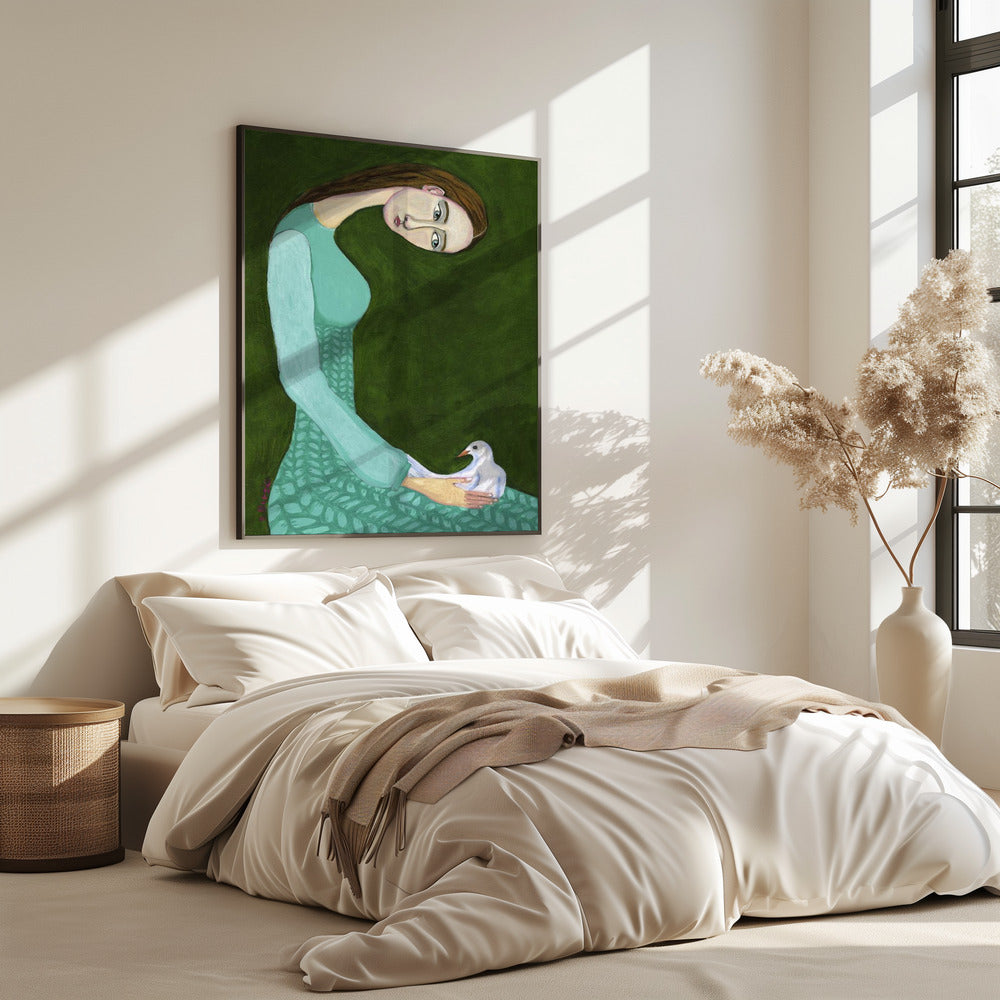 Dame zittend met witte duif | Poster
