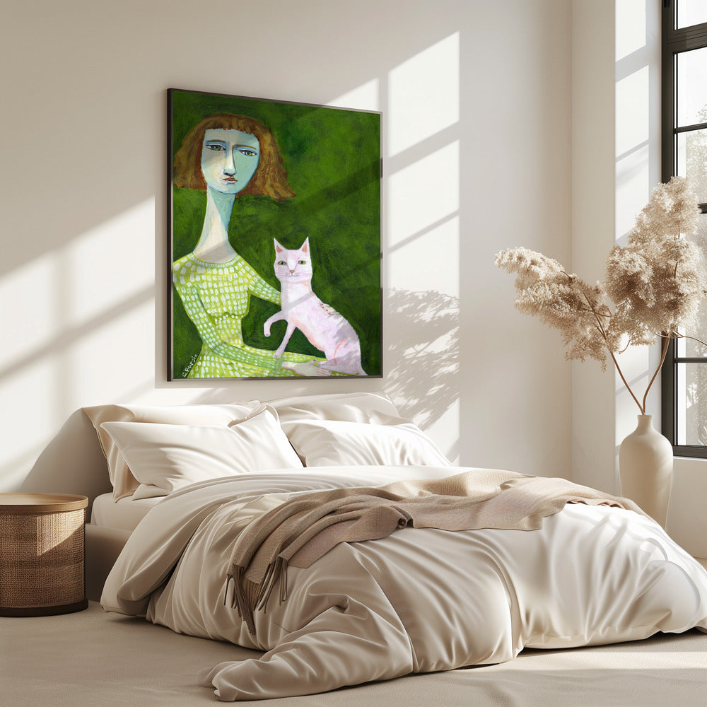 Kattenvrouw met roze kat | Poster