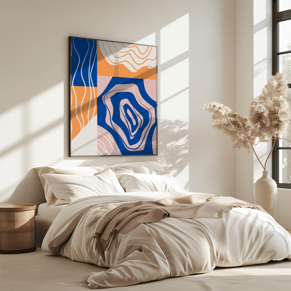 Abstracte collage in blauw en oranje | Poster