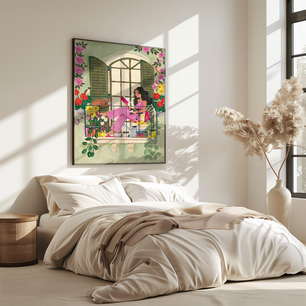 Woman reads on balcony | Poster
