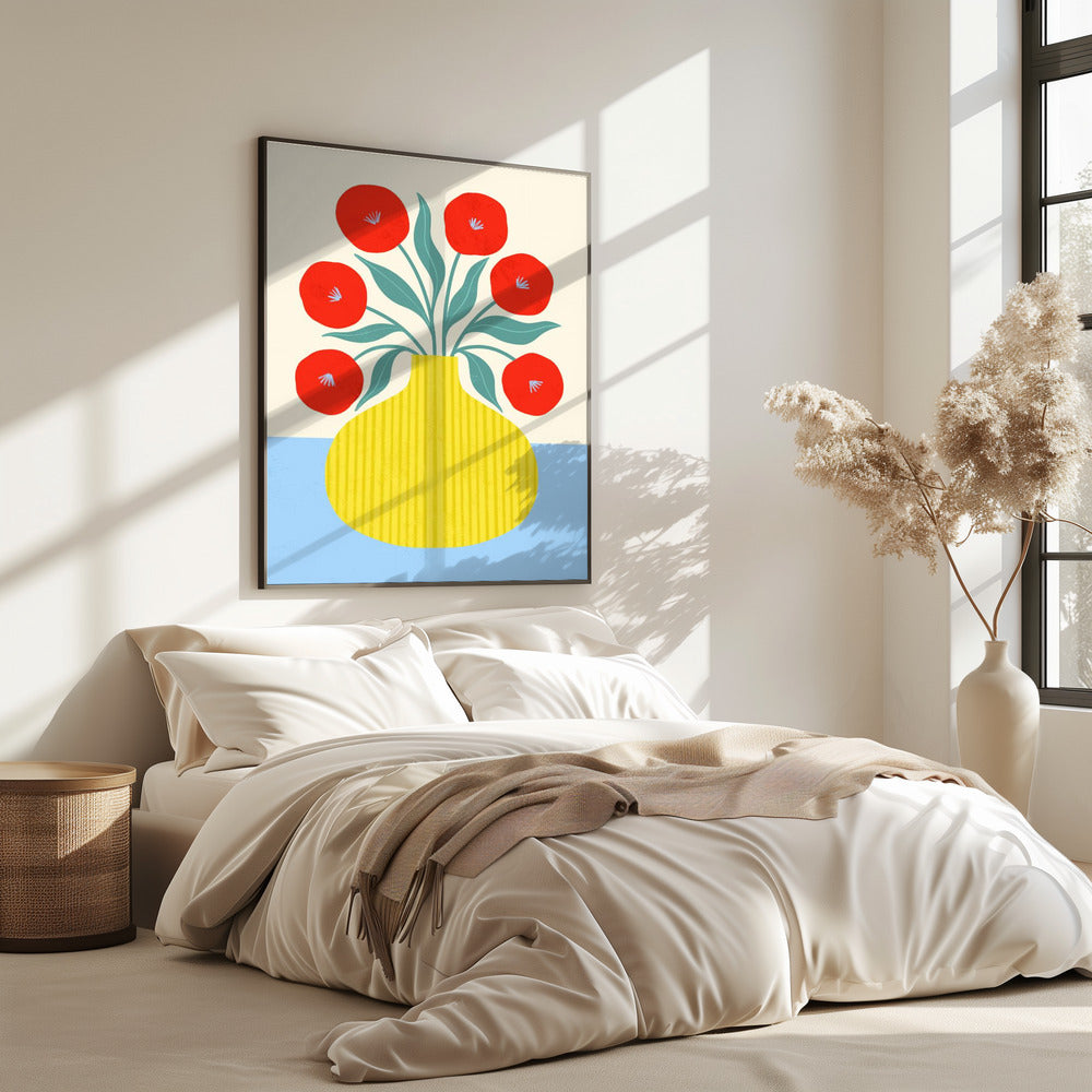 Rode bloemen in gele vaas | Poster