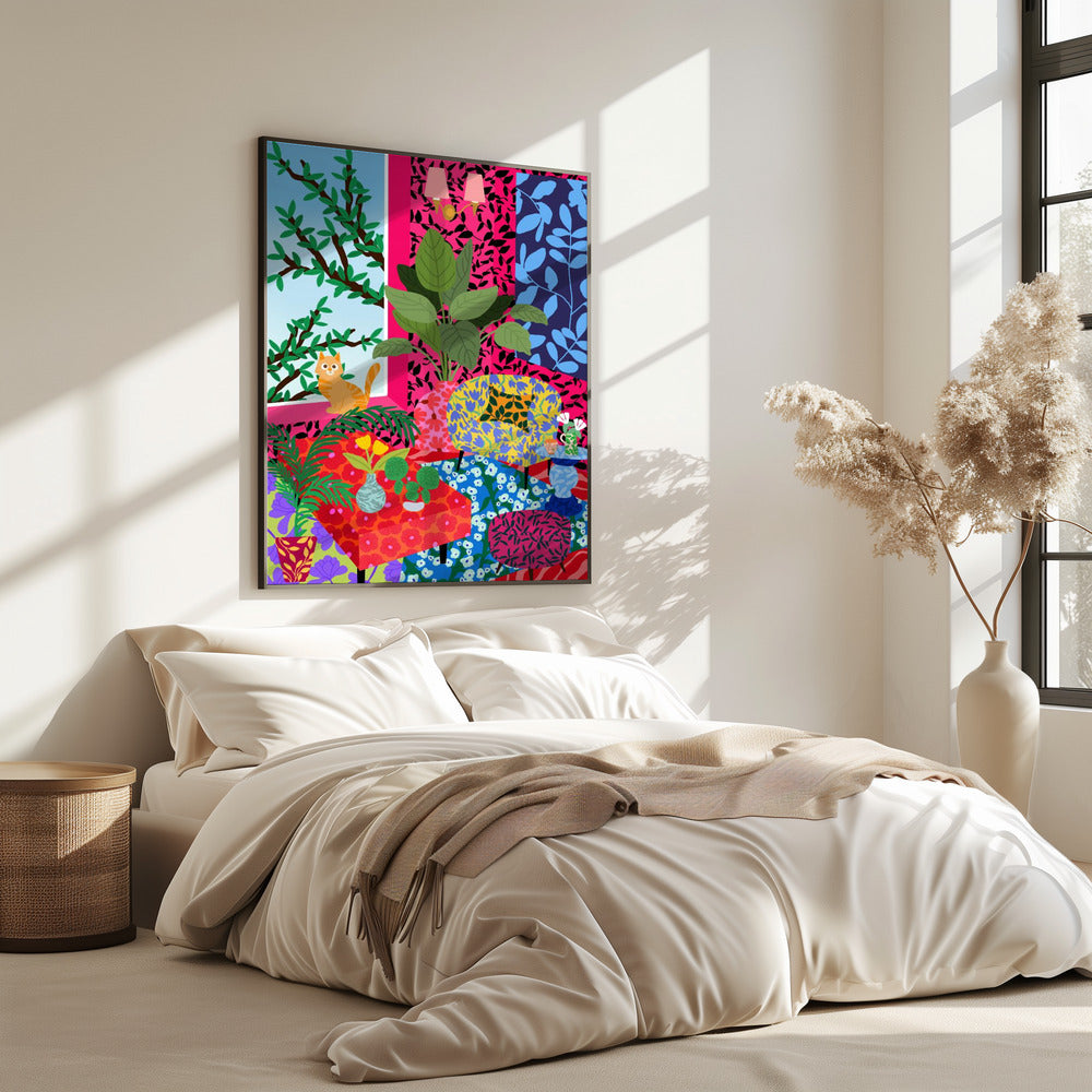 Kat in Flower Power Woonkamer | Poster