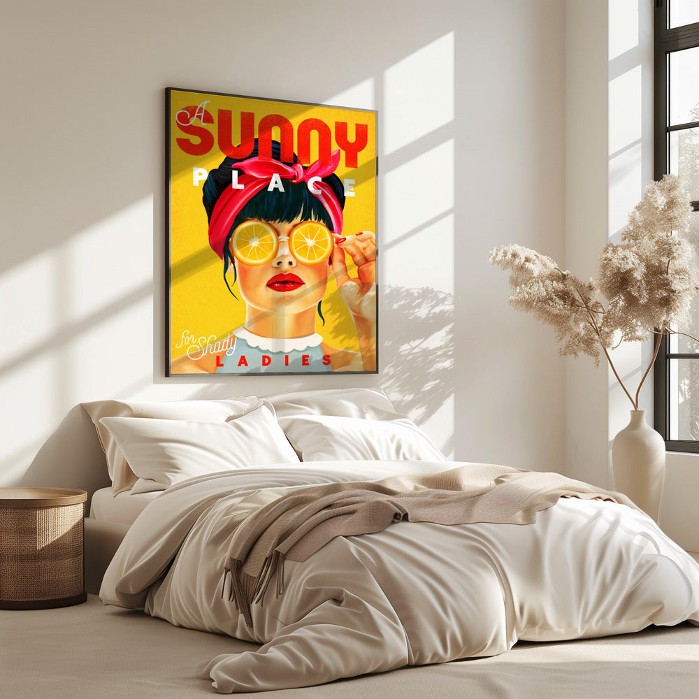 Een zonnige plek voor louche dames - oranje pinupkunst | poster