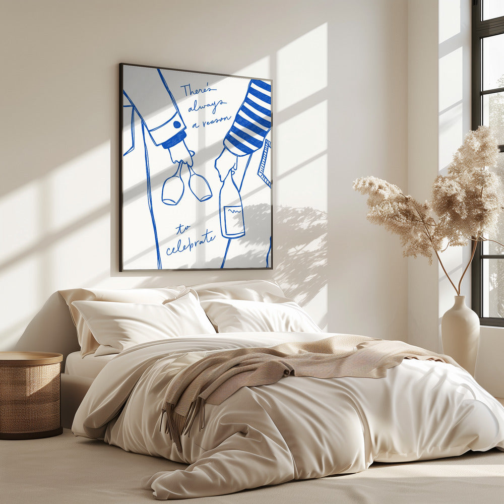 Vrouw met wijnfles en wijnglas (blauw) - Wijn Vin Femme Bleu | Poster