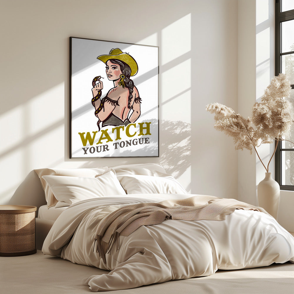 Let op je tong, stoere pin-up cowgirl en ratelslang | Poster