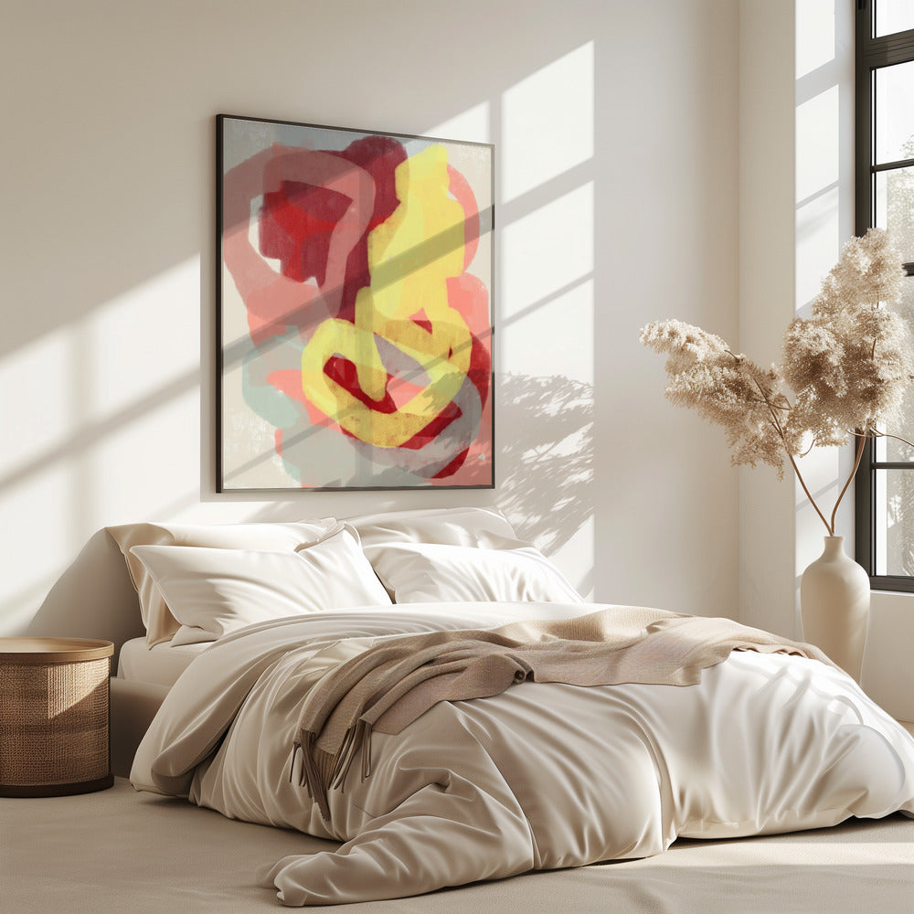 Abstract schilderij in pastel. Geel, rood en grijs. | Poster