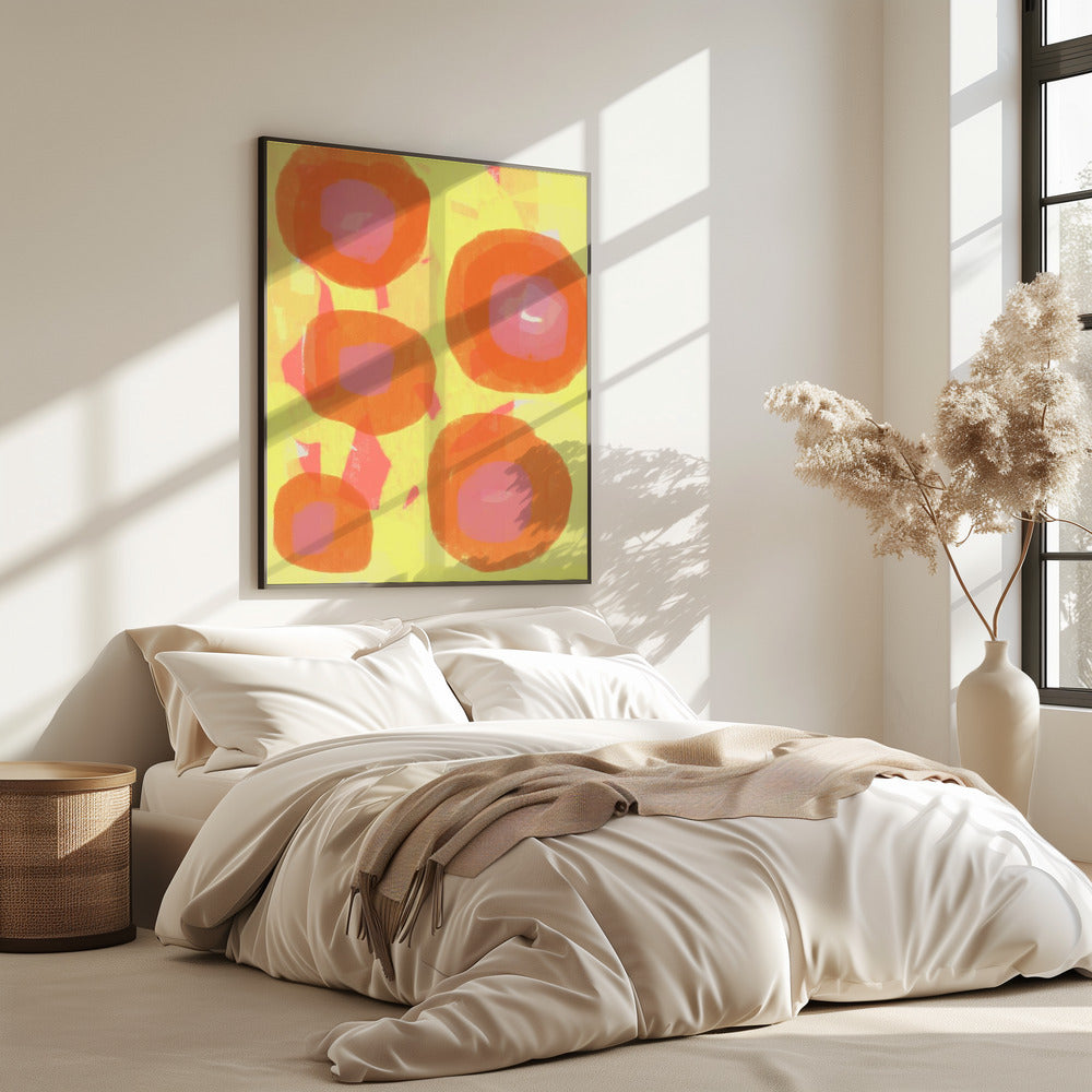 Abstract schilderij. Boho rozen in oranje en roze op geel. | Poster