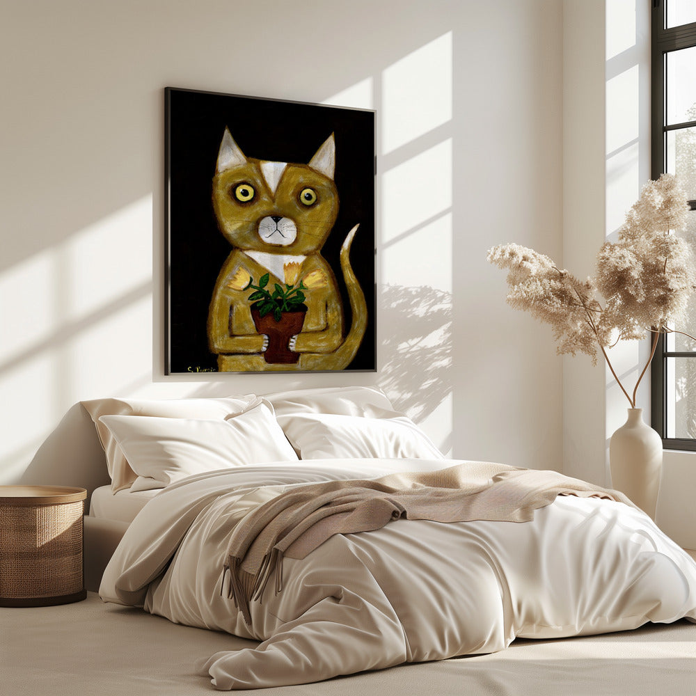 Potplant Kat zwarte achtergrond | Poster
