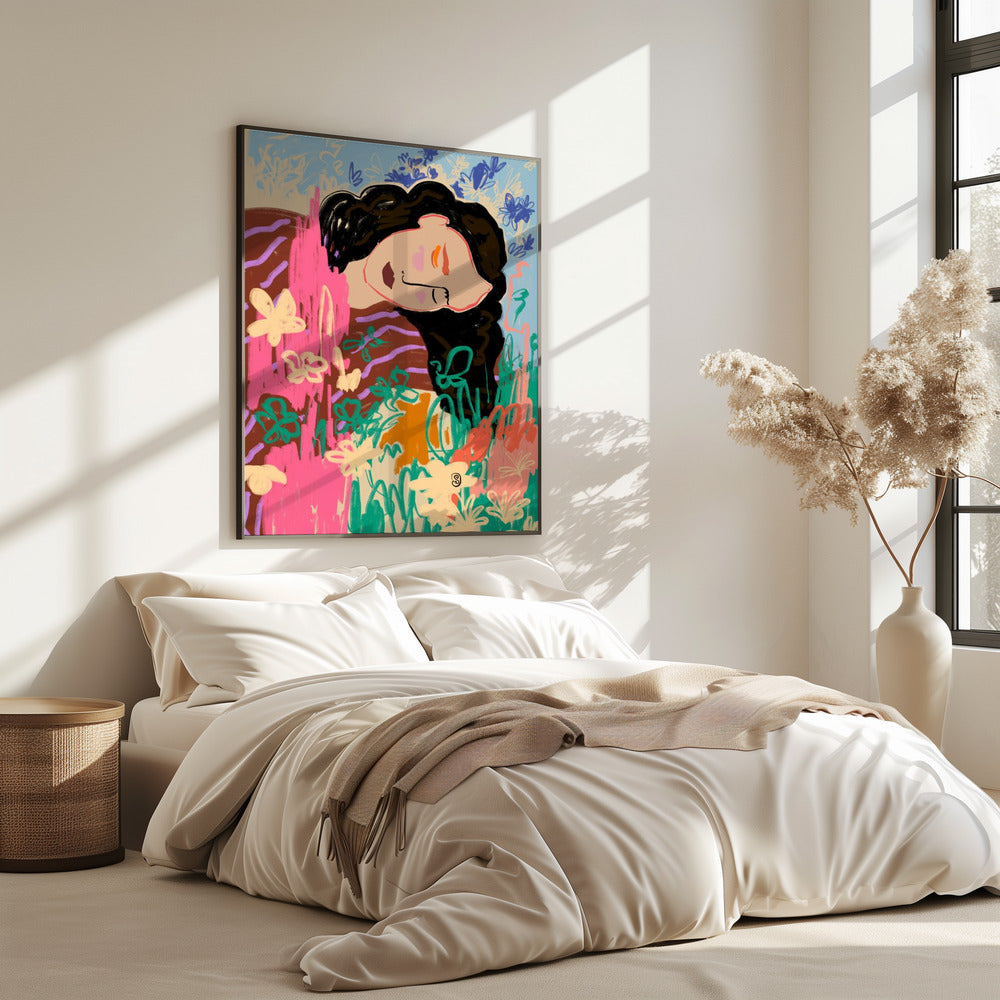 Expressieve figuur omringd door kleurrijke bloemen | Poster