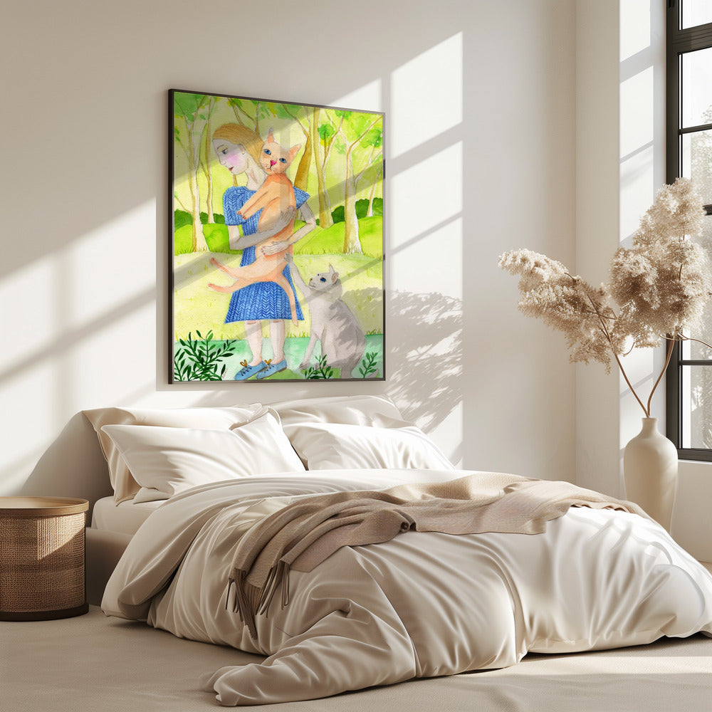 Dame met de oranje en grijze kat. | Poster