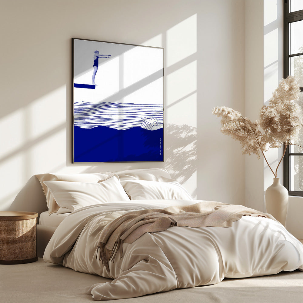 Modern Vintage Beach Wall Art, Nautical Art Print, Woman Swimming In Abstract Sea | Poster