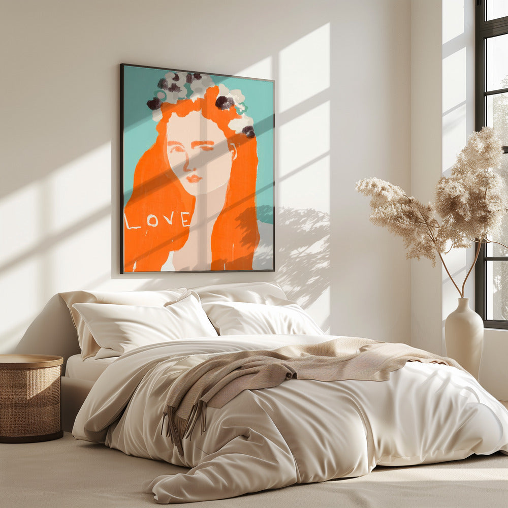 Vrouw met oranje haar versierd met bloemen | Poster