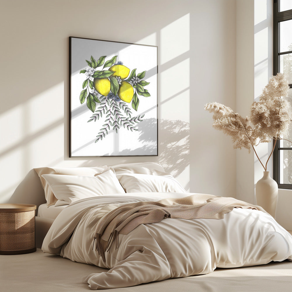 Citroenen en groene bladeren met delicate witte bloesems | Poster