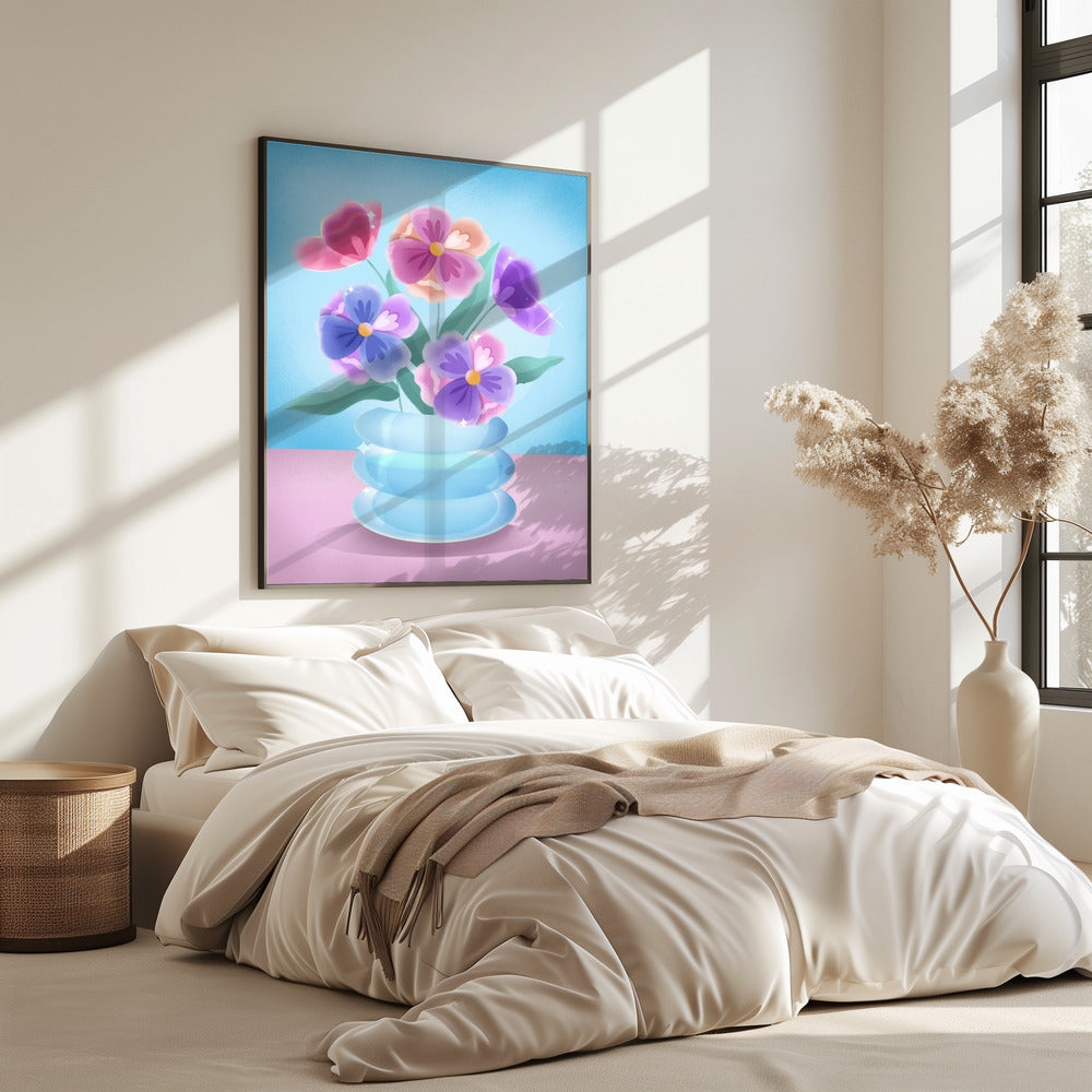 Bloemblaadjes in blauwe vaas | Poster