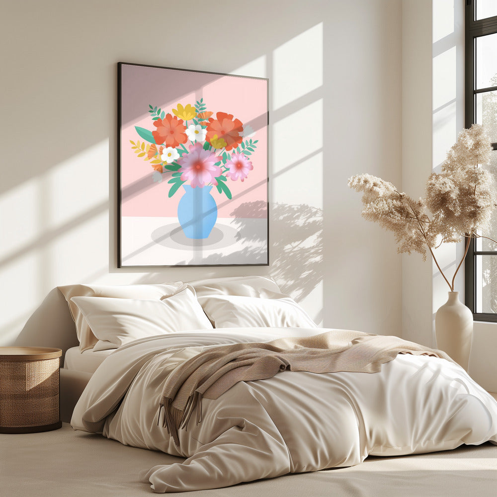 Levendig boeket bloemen in een blauwe vaas | Poster