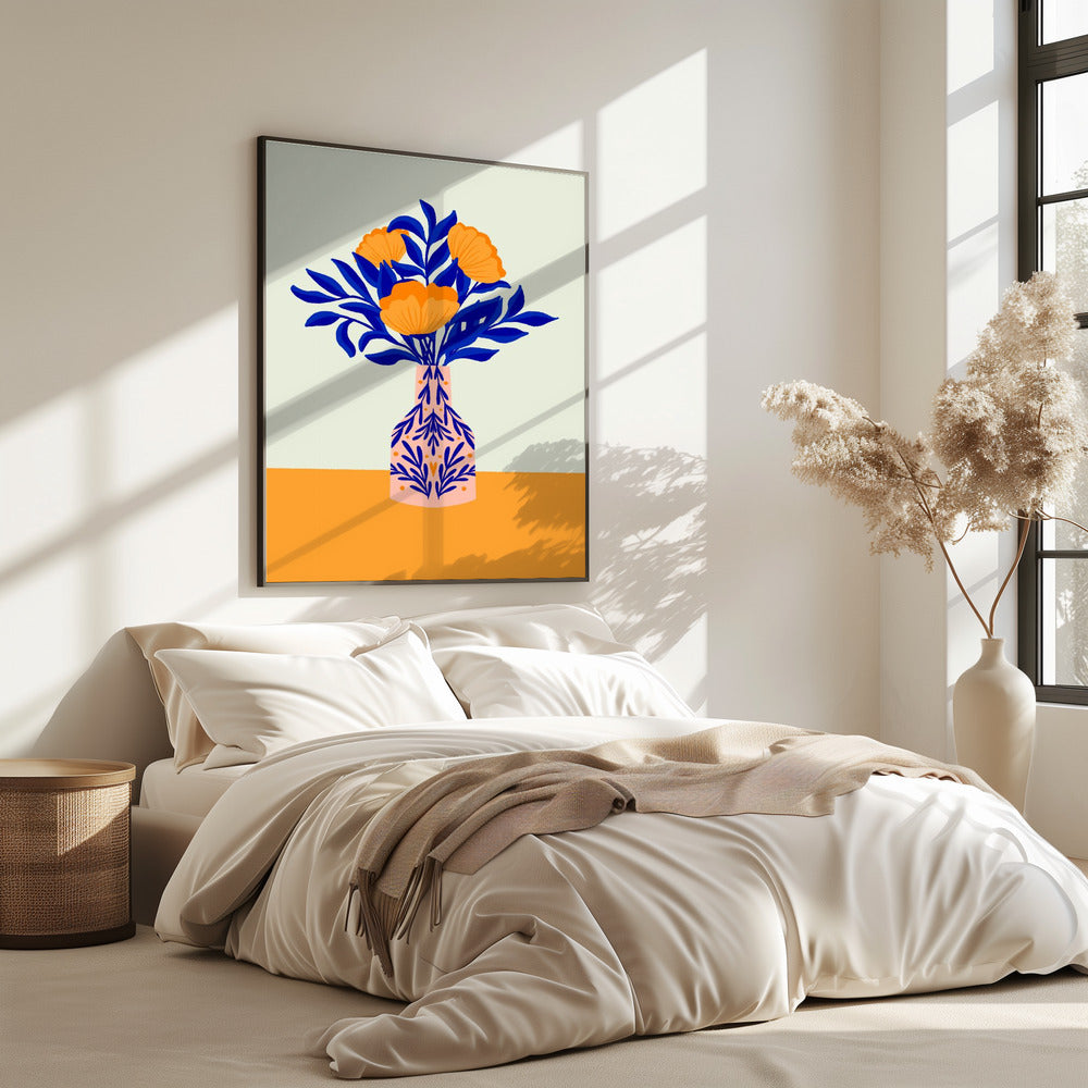Oranje klaprozen in een vaas | Poster