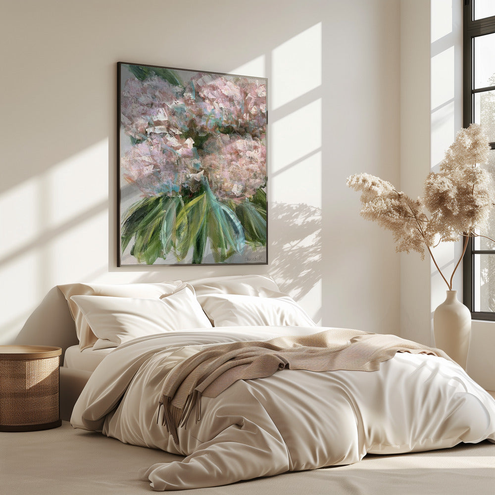 Roze hortensia's met groene bladeren | Poster