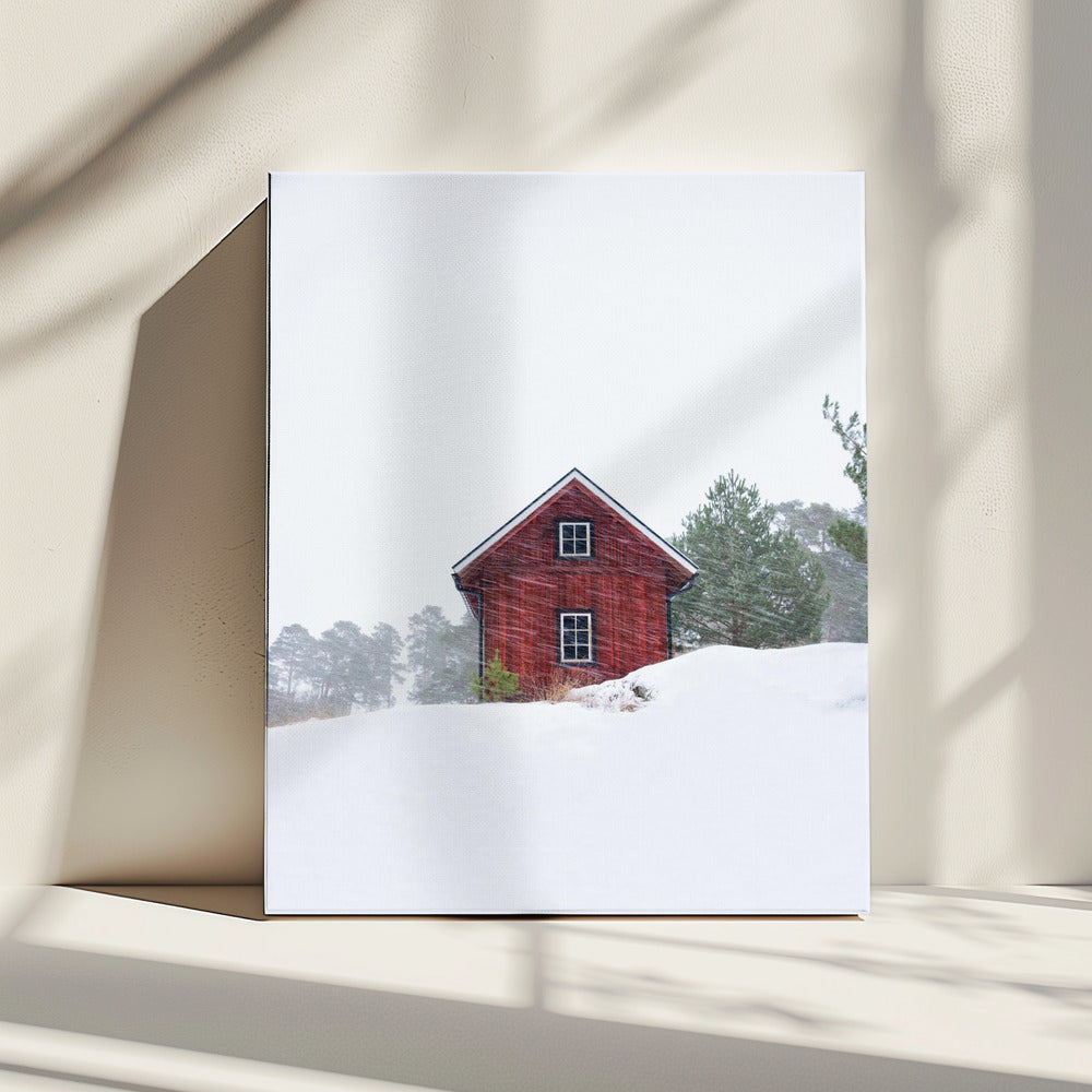 Oud rood huis tijdens sneeuwstorm | Canvas