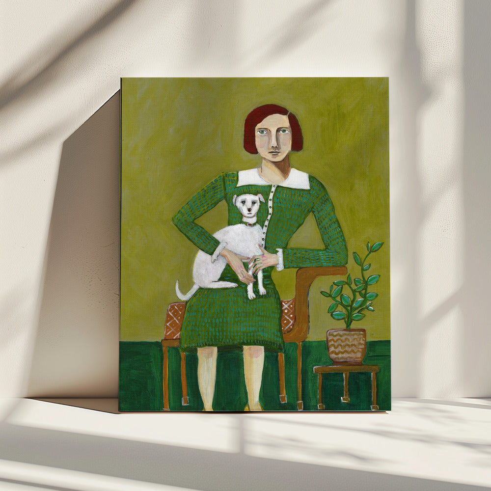 Vintage dame met haar witte hond | Canvas
