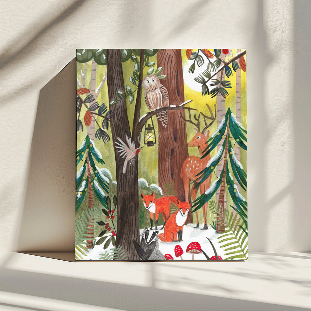 Green Christmas forest with animals | Canvas