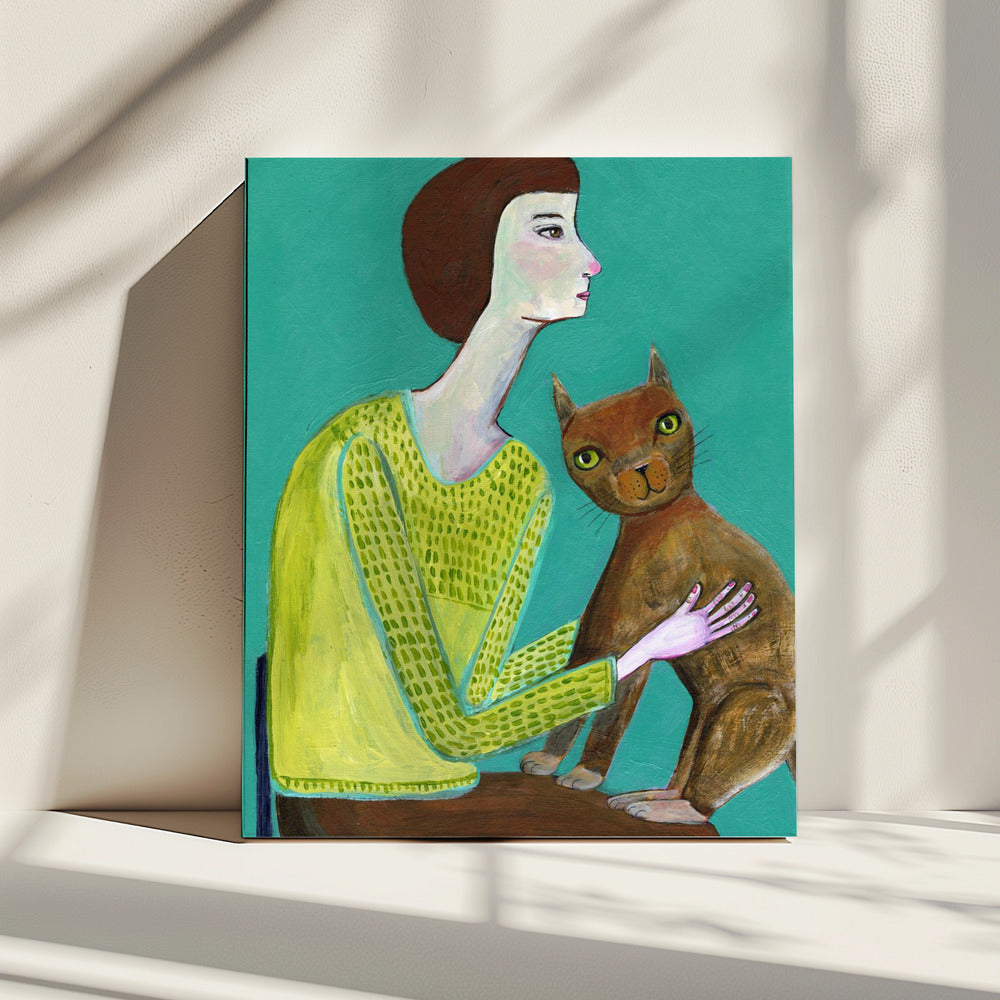 Dame zittend met bruine kat Kattenliefhebber | Canvas