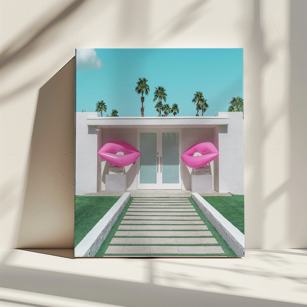 Mid-Century Modern Huis met Roze Lippen | Canvas