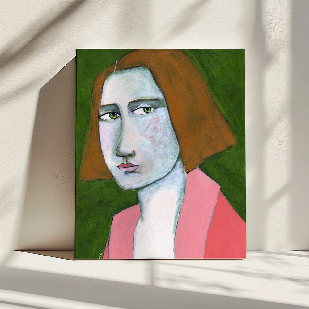 Vrouw in roze jasje | Canvas