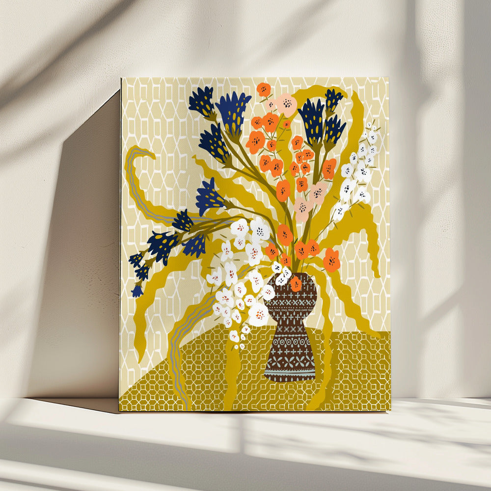 Bloemig hedendaags stilleven mosterdgeel | Canvas