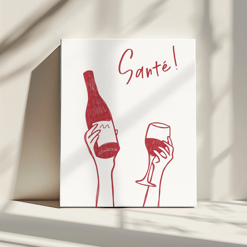 Handen met een fles wijn en een wijnglas met de tekst "Proost!" in het Frans | Canvas