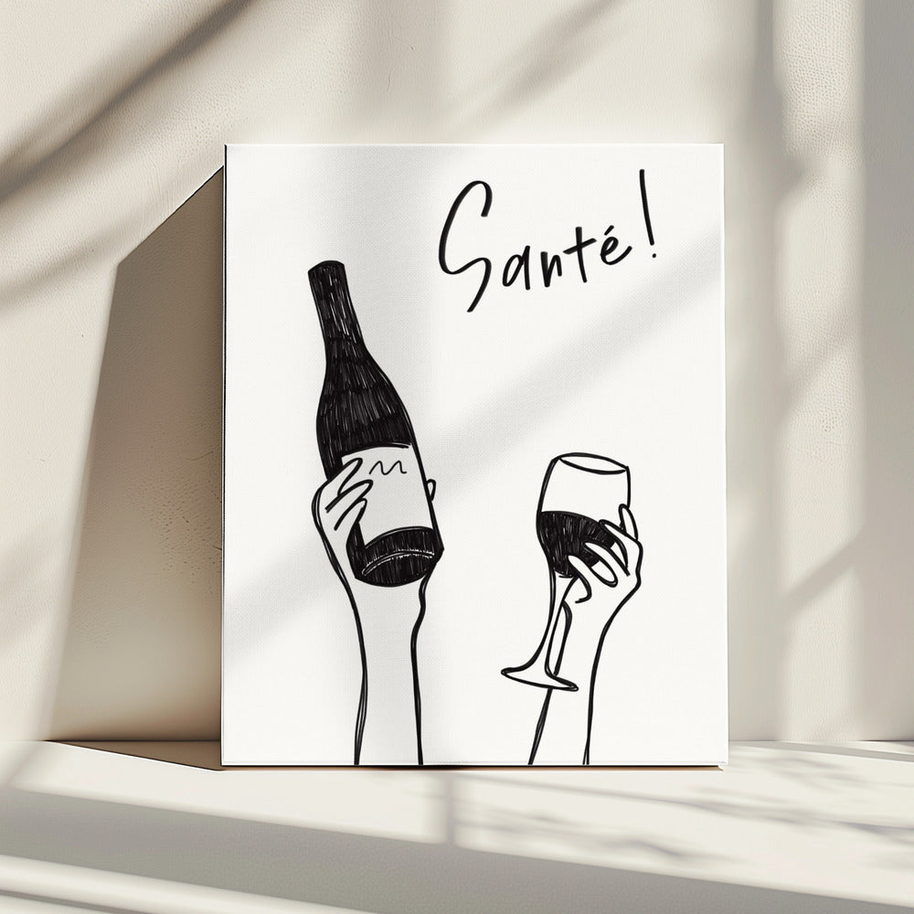 Handen met een fles wijn en een wijnglas met de tekst "Proost!" in het Frans | Canvas
