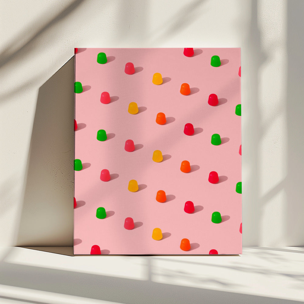 Stippen snoepgomdruppels - herhalend patroon op roze achtergrond | Canvas