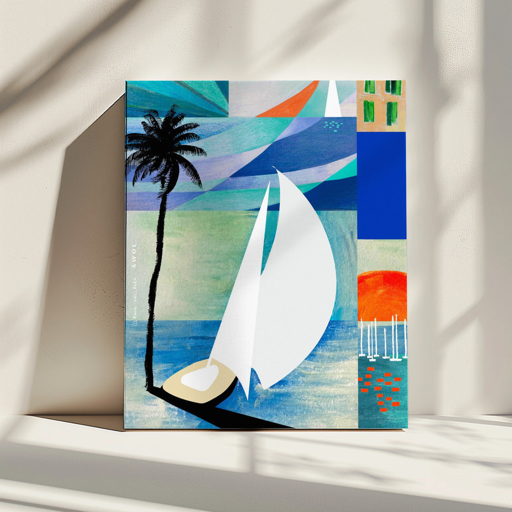 Kleurrijke mediterrane reiskunstprint met zonsopgang en palmboom | Canvas