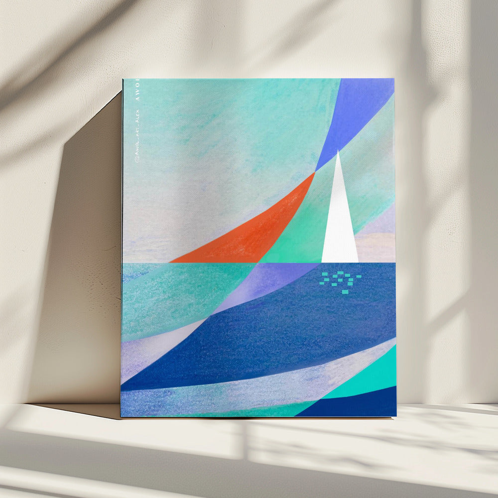 Abstracte oceaankunst met minimalistische witte zeilboot op zee | Canvas
