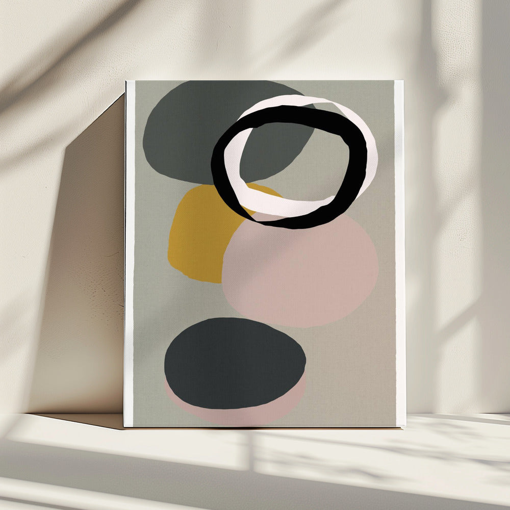 Abstracte cirkels in gedempte tinten met zwarte ring | Canvas